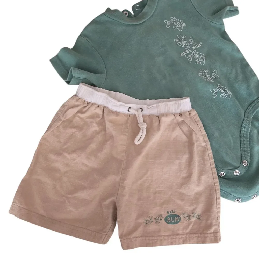 Baby Bum Equipment Retro Green Baby Onsie and Tan Shorts Set 18 Mth